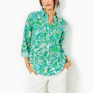 Lilly Pulitzer Linen Green and Blue Floral  Button up Blouse